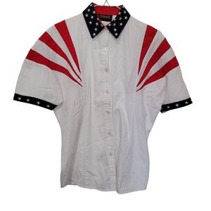 Steer West Patriotic American Flag Print Short Sleeve Button Up Shirt Size S